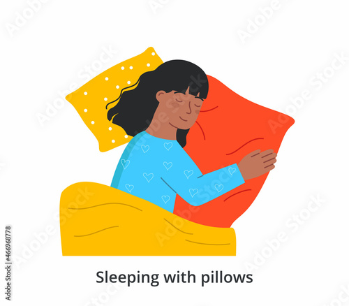 Woman sleeps on pillow concept. Female character lying on bed and dreaming. Rest and energy recovery at night. Comfort and warmth. Lack of insomnia. Cartoon contemporary flat vector illustration