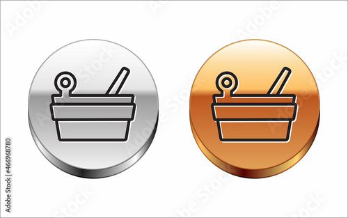 Black line Sauna bucket and ladle icon isolated on white background. Silver-gold circle button. Vector