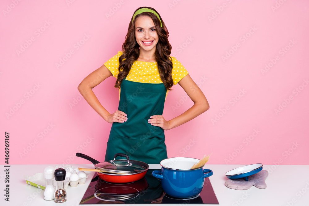 Photo of pretty charming young lady dressed green apron cooking tasty dinner isolated pink color background Photo of pretty charming young lady dressed green apron cooking tasty dinner isolated pink color background