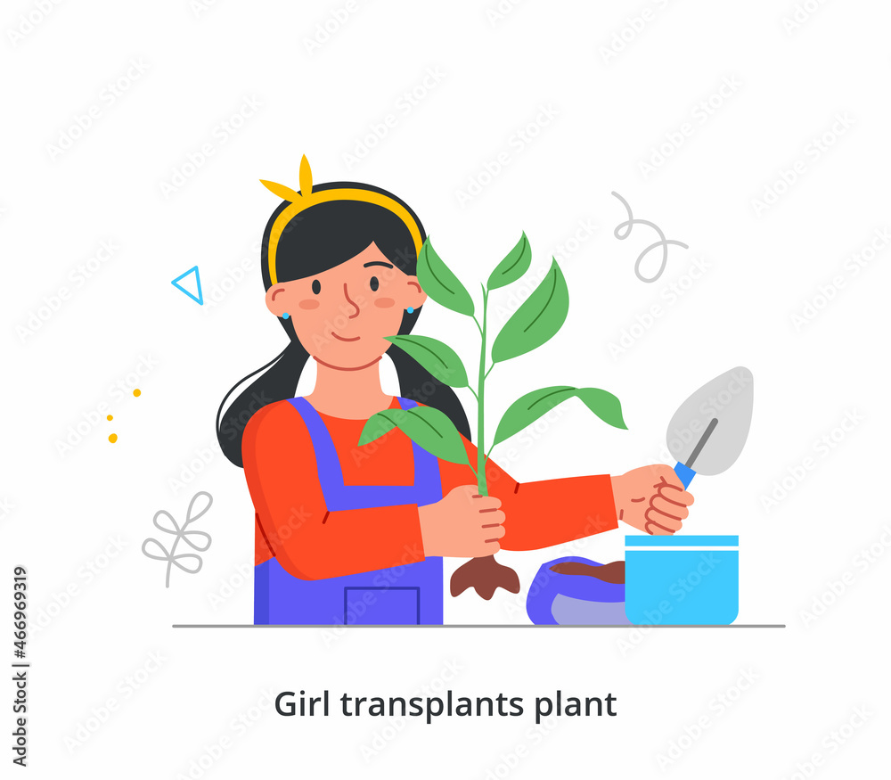 Transplanting plants concept. Woman holds shovel and plants flower in pot. Home gardening as hobby. Female character takes care of bushes and trees. Cartoon contemporary flat vector illustration Transplanting plants concept. Woman holds shovel and plants flower in pot. Home gardening as hobby. Female character takes care of bushes and trees. Cartoon contemporary flat vector illustration