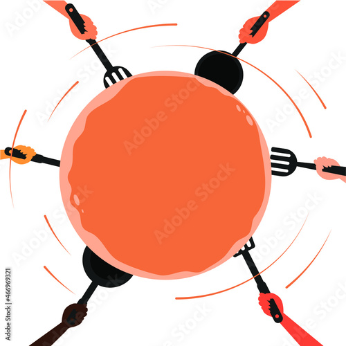 Many hands of different people toss the pancake up. Concept: Fat Tuesday, Cooking Challenge, Pancake Recipe. Vector flat cartoon illustration isolated on white background, eps 10.
