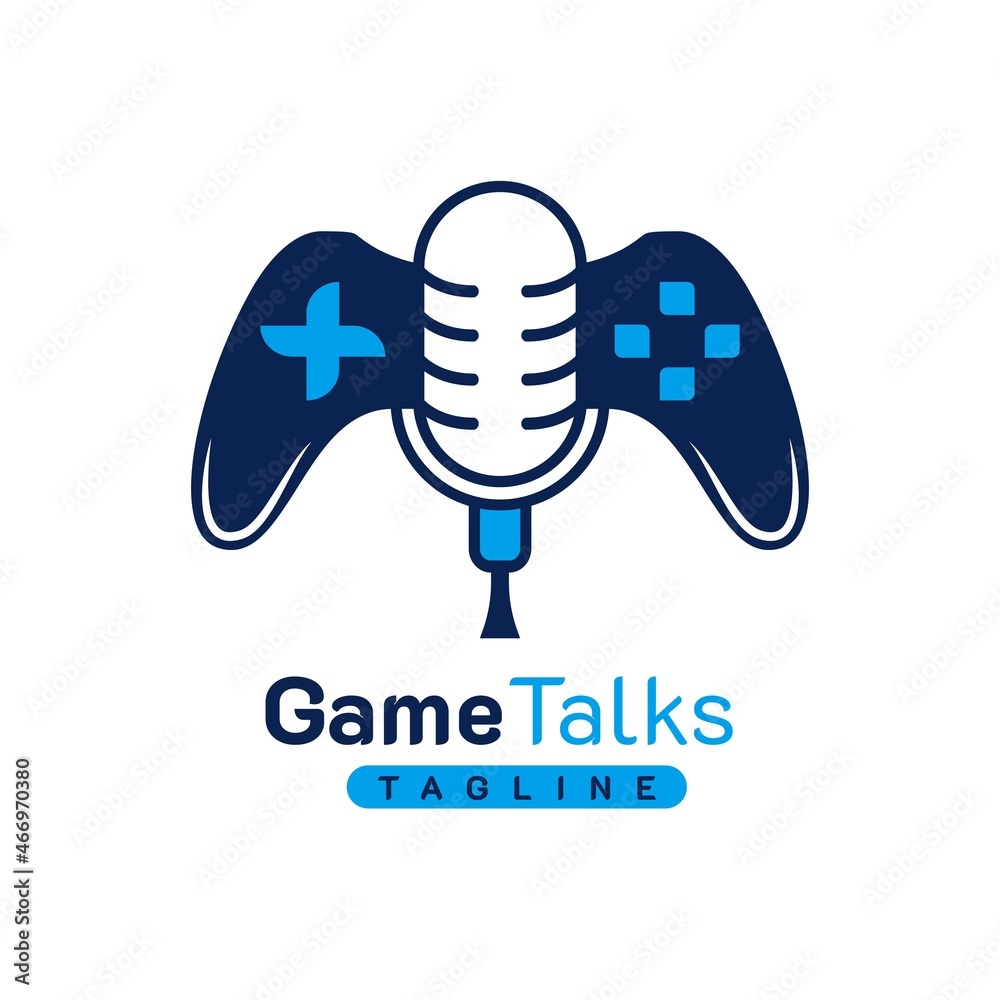Game Podcast Logo. With a microphone, gamepad, and joystick icon. Premium, sporty, and luxury design vector