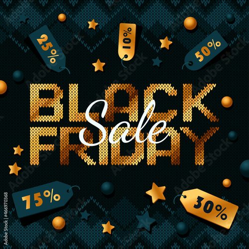 Catchy Black Friday Instagram post. Contrast copy space vector composition on black knitted texture with golden BLACK FRIDAY text and discount labels. Square web banner, poster, flyer, Instagram post