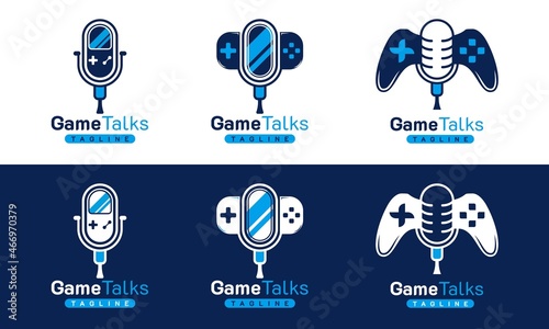Game Podcast Logo. With a microphone, gameboy, gamepad, and joystick icon. Premium, sporty, and luxury design vector