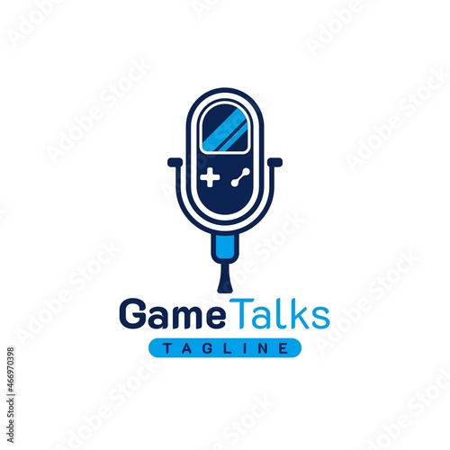 Game Podcast Logo. With a microphone, gameboy, gamepad, and joystick icon. Premium, sporty, and luxury design vector