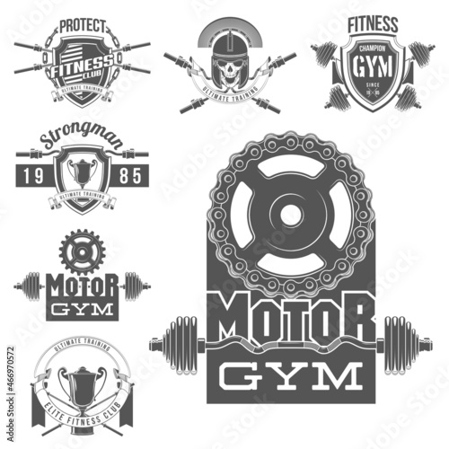 set of logo athletic club for bodybuilding, powerlifting, weightlifting crossfit and fitness training. Barbell club logo vintage design isolated on background. Emblem for gym and training of strongman