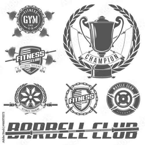 set of logo athletic club for bodybuilding, powerlifting, weightlifting crossfit and fitness training. Barbell club logo vintage design isolated on background. Emblem for gym and training of strongman
