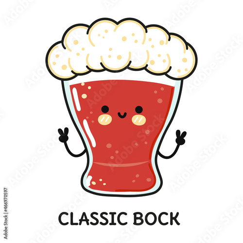 Funny cute happy glass of beer classic bock. Vector hand drawn doodle style cartoon character illustration icon design. Cute glass of beer classic bock mascot