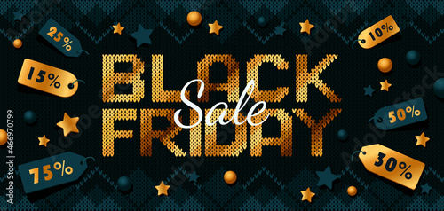Catchy Horizontal Black Friday ad. Contrast copy space vector composition on black knitted texture with golden BLACK FRIDAY text and discount labels. Horizontal poster, flyer, web banner, header
