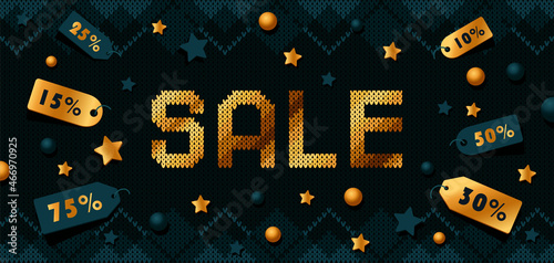 Catchy Sale ad banner. Contrast copy space vector template on black knitted texture with golden SALE text and discount labels. Horizontal poster, flyer, web banner, header