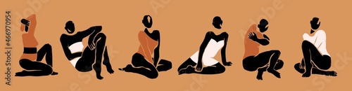 Abstract female silhouettes. Graceful posing faceless ladies. Attractive dressed women. Contemporary style. Hand drawn trendy Vector illustration. Beauty, boho concept. Poster, Print, card templates