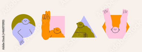 Funny character peeping from the geometric shapes. Cute creature with small head and long arms looking through holes. Cartoon style. Hand drawn trendy Vector illustration. All elements are isolated