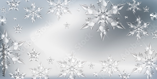 Vector Christmas background with realistic transparent glass snowflakes and decoration. Sparkling translucent crystals