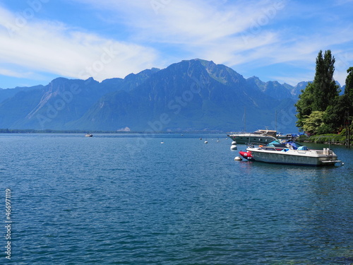 Two boats on Lake Geneva at Montreux city in Switzerland
