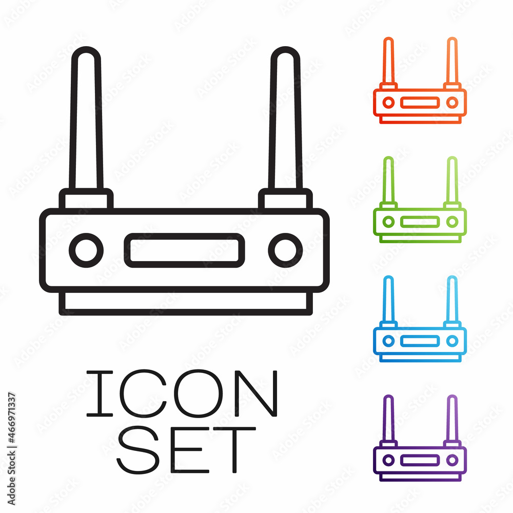 Black line Router and wi-fi signal icon isolated on white background. Wireless ethernet modem router. Computer technology internet. Set icons colorful. Vector Black line Router and wi-fi signal icon isolated on white background. Wireless ethernet modem router. Computer technology internet. Set icons colorful. Vector