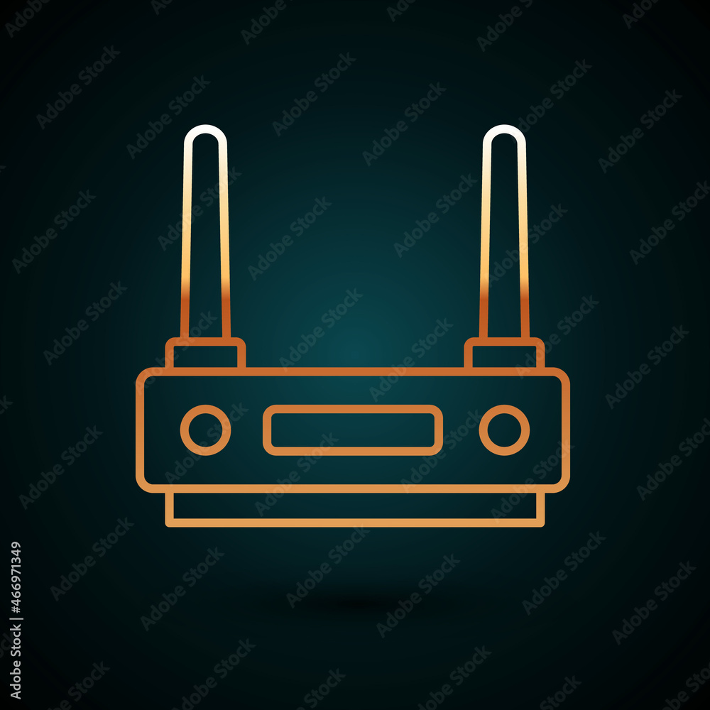 Gold line Router and wi-fi signal icon isolated on dark blue background. Wireless ethernet modem router. Computer technology internet. Vector