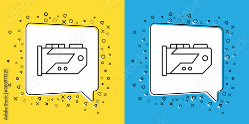 Set line Video graphic card icon isolated on yellow and blue background. Vector
