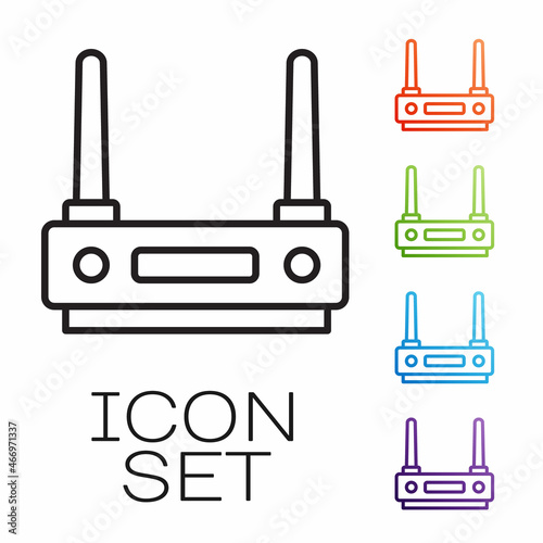 Black line Router and wi-fi signal icon isolated on white background. Wireless ethernet modem router. Computer technology internet. Set icons colorful. Vector