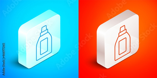 Isometric line Plastic bottle for laundry detergent, bleach, dishwashing liquid or another cleaning agent icon isolated on blue and red background. Silver square button. Vector