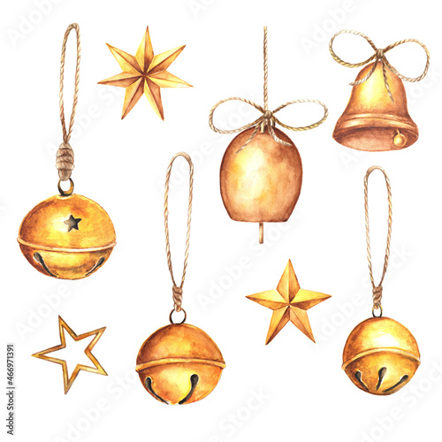 Watercolor christmas set with vintage golden bells and stars, isolated on white. photo