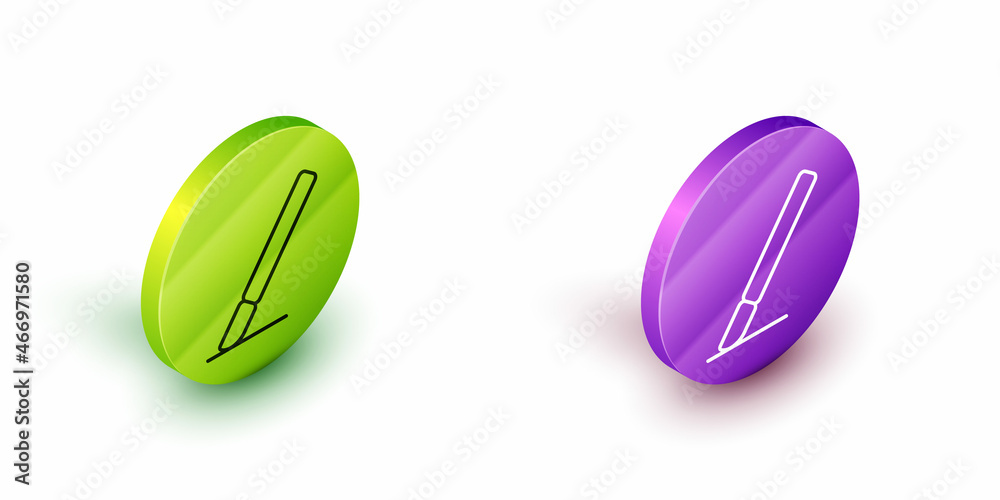 Fototapeta premium Isometric line Medical surgery scalpel tool icon isolated on white background. Medical instrument. Green and purple circle buttons. Vector