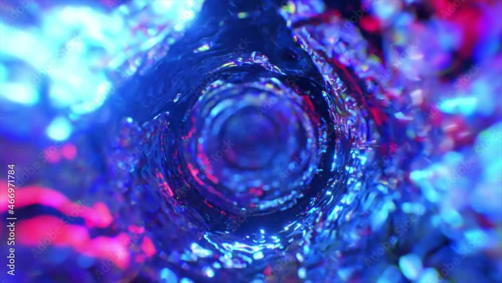 Swirling water funnel in neon lighting. Round water tunnel. Blue color. 3d animation of a seamless loop.