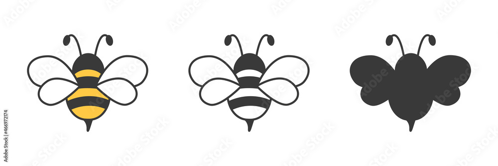 Cute bee set. Color, black and white, silhouette bee collection. Vector illustration for drawing. - obrazy, fototapety, plakaty 