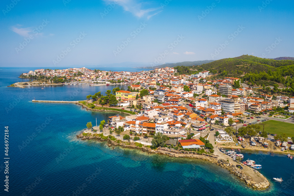 Popular Neos Marmaras city, Sithonia peninsula of Chalkidiki. Aerial view. Northern Greece