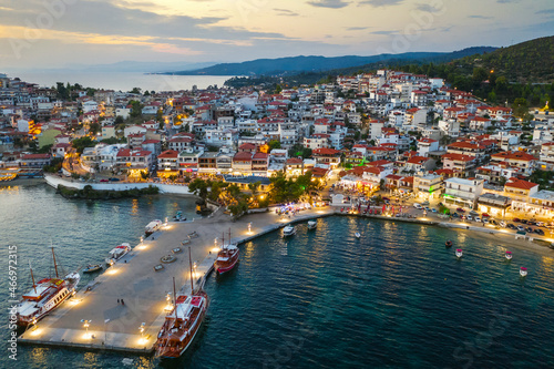 Neos Marmaras city, Greece. Aerial evening view of village, marina. Sithonia peninsula of Halkidiki	
 photo