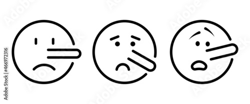 Pinocchio emoji. Liar yellow face with long nose and raised eyebrows. Lying emoticon
