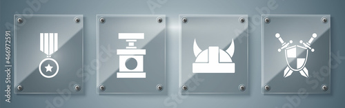 Set Medieval shield with crossed swords, Viking in horned helmet, Handle detonator for dynamite and Military reward medal. Square glass panels. Vector