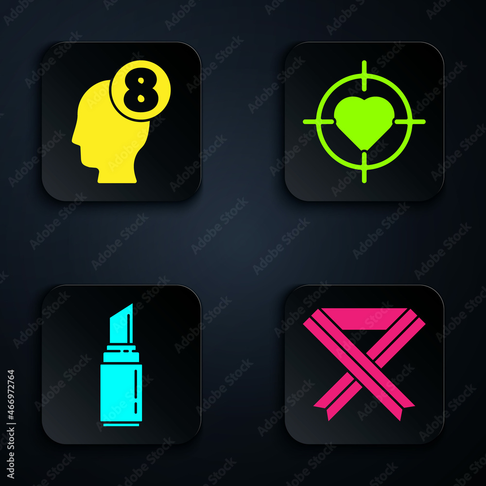 Set Breast cancer awareness ribbon, 8 March in human head, Lipstick and Heart in the center of target aim. Black square button. Vector Set Breast cancer awareness ribbon, 8 March in human head, Lipstick and Heart in the center of target aim. Black square button. Vector