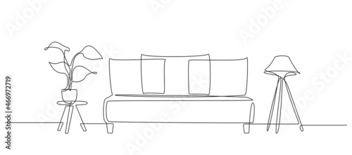 Continuous one line drawing of sofa and loft lamp and table with plant. Living room interior in bohemian apartment. Modern furniture in simple Linear style. Doodle vector illustration