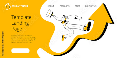 A happy businessman with a briefcase in his hand runs along the arrow of the ascending chart. Template for the first screen of the landing page.