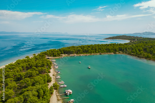 Fototapeta Naklejka Na Ścianę i Meble -  Aerial view of Lagoon beach in Halkidiki, Kassandra peninsula. Aegean sea, Greece 