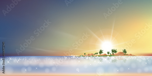 Sunset on the beach, Landscape dusk sky with dramatic twilight on island, Blue ocean and Sunrise in Morning with bokeh reflection,Vector banner background for spring and summer holiday
