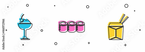 Set Ice cream in bowl, Sushi and Asian noodles and chopsticks icon. Vector