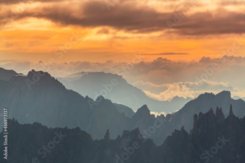 Beautiful sunrise colors in the French Alps in winter