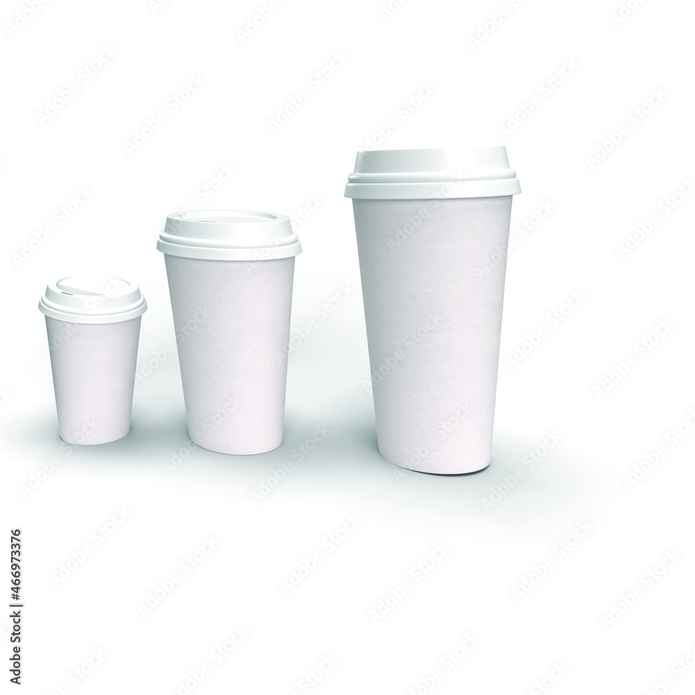 Three Empty Blank Three Dimensional Coffee Mugs in different sizes Three Empty Blank Three Dimensional Coffee Mugs in different sizes