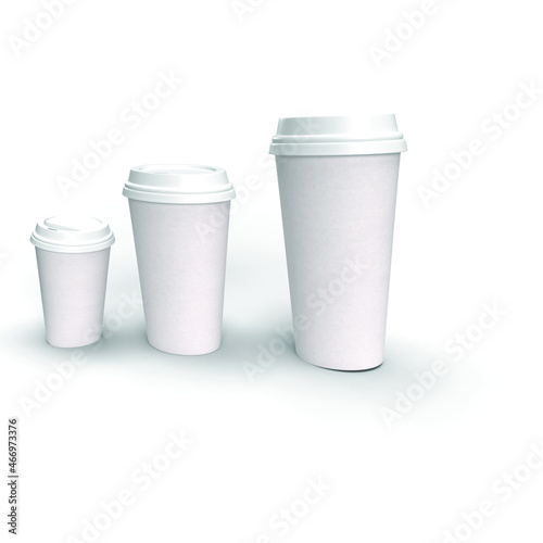 Three Empty Blank Three Dimensional Coffee Mugs in different sizes
