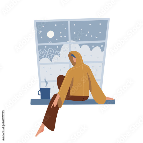 Young Woman wearign hoodie sitting on windowsill with cup of hot tea. Winter cozy concept. Rest at home in winter. A girl looks out the window at falling snow. Flat hand drawn vector illustration.