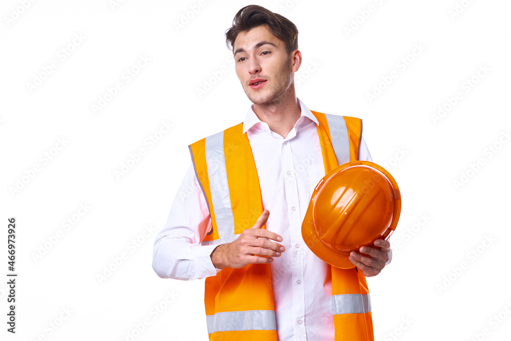 emotional worker in orange uniform Professional light background emotional worker in orange uniform Professional light background