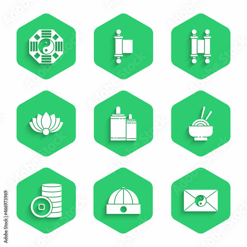 Set Firework, Chinese hat, Yin Yang and envelope, Asian noodles bowl, Yuan currency, Lotus flower, Decree, paper, parchment, scroll and icon. Vector