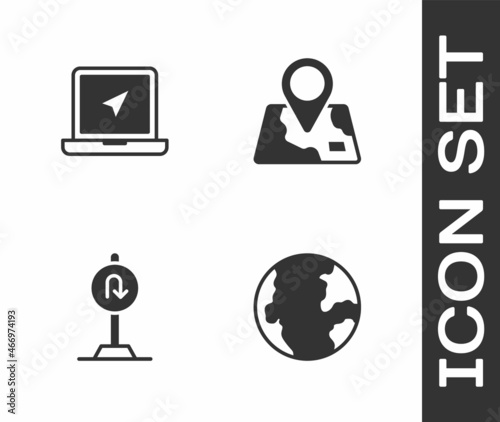 Set Earth globe, Laptop with location marker, Turn back road sign and Folded map icon. Vector