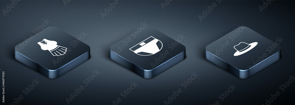 Set Isometric Undershirt, Man hat and Men underpants icon. Vector