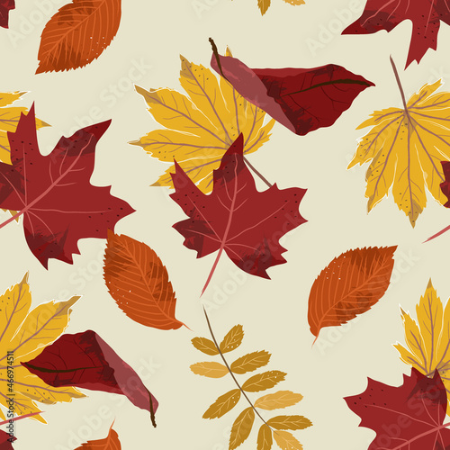 Autumnal foliage seamless pattern with maple leaf, oak and other fall season leaves. Loopable background, repeatable and vectorized. Hand drawn, flat style. White, golden, yellow, red and orange color