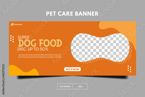 modern pet shop horizontal lbanner, Pet care social media post Template or web banner template with space for a photo. Pet care service promotional banner ads design