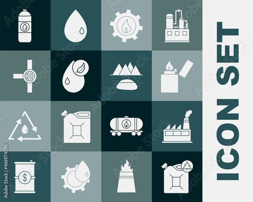 Set Eco fuel canister, Oil industrial factory building, Lighter, Bio, Industry pipes and valve, Canister for motor machine oil and Oilfield icon. Vector