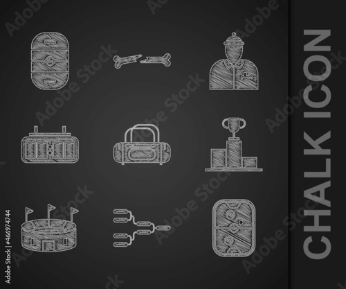 Set Sport bag, Championship tournament bracket, Air hockey table, Hockey over sports winner podium, stadium, mechanical scoreboard, coach and Ice rink icon. Vector