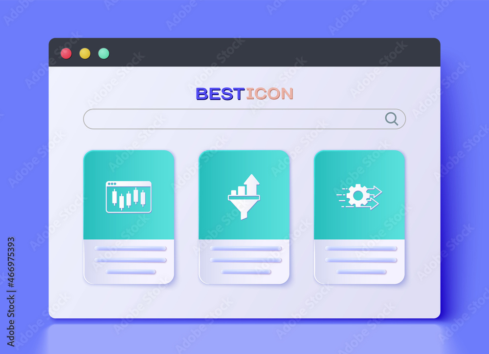 Set Sales funnel with chart, Browser stocks market and Time management icon. Vector